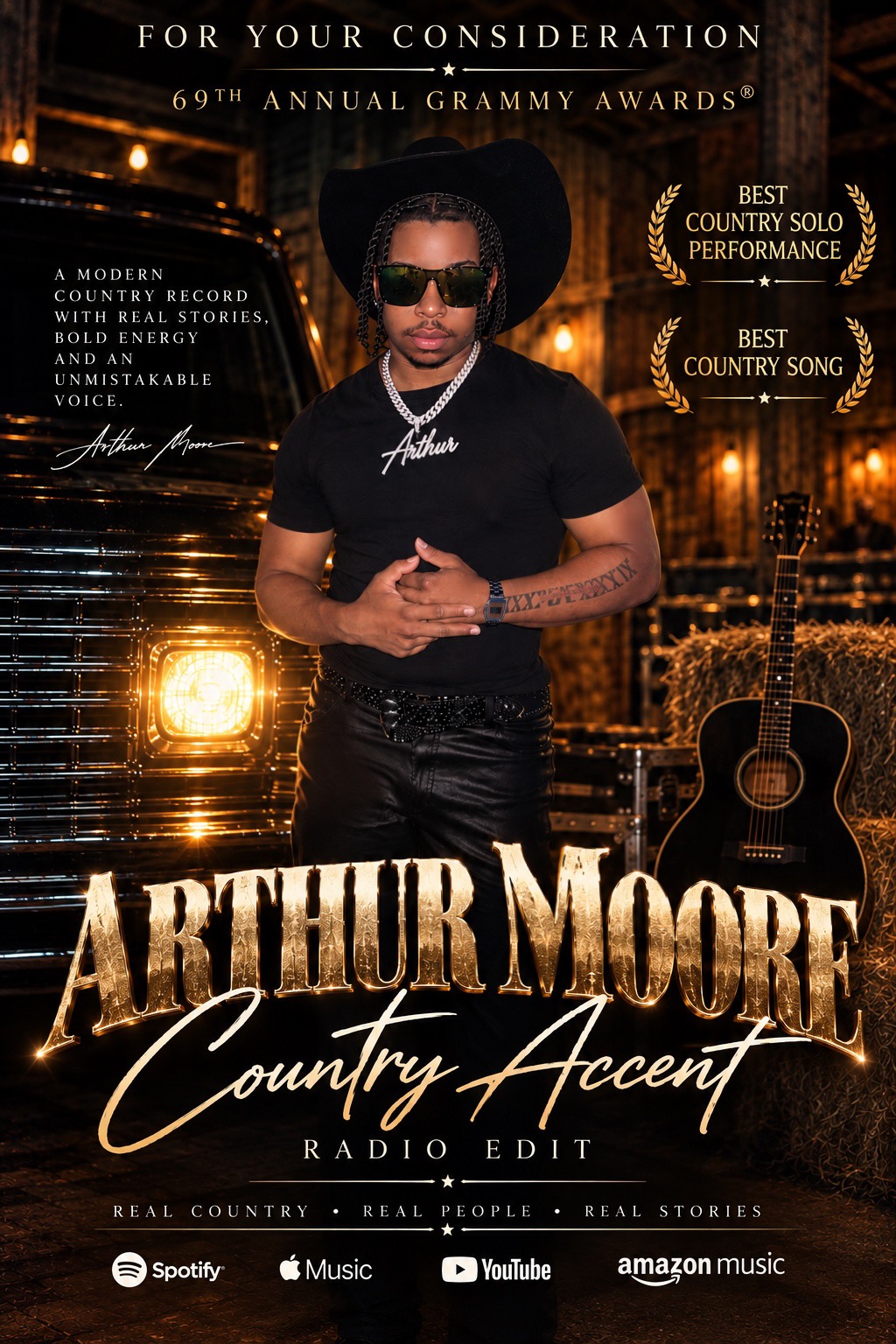 Arthur Moore Country Accent For Your Consideration flyer, featuring Arthur in a black cowboy hat with warm gold typography, a truck and an acoustic guitar.